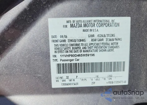 2006 Mazda 6 S z USA, uszkodzony, nr VIN 1YVHP80D465M59196